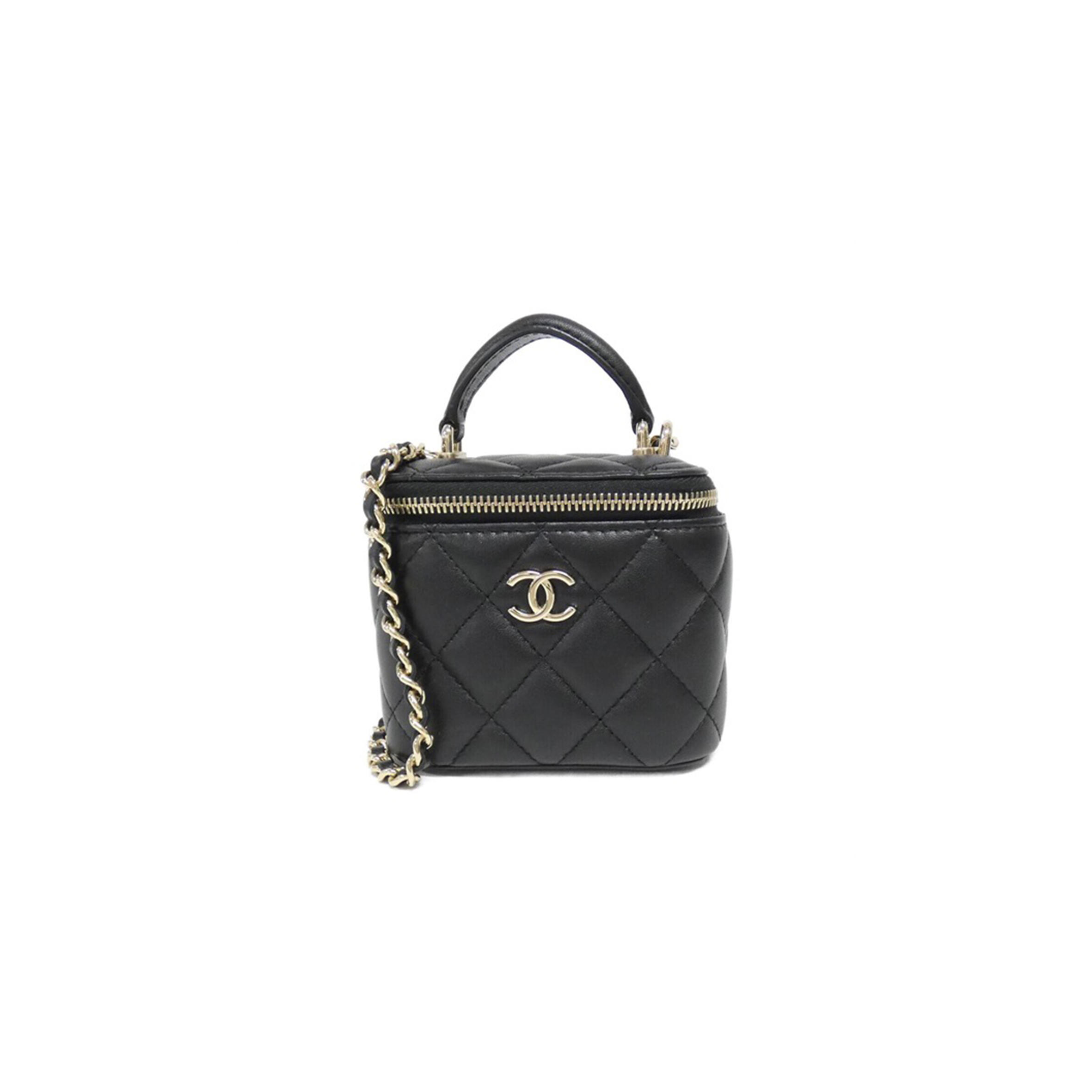 CHANEL MASTER BLACK QUILTED GRAINED CALFSKIN MINI VANITY WITH CHAIN AP2198  (11*8.5*7cm)
